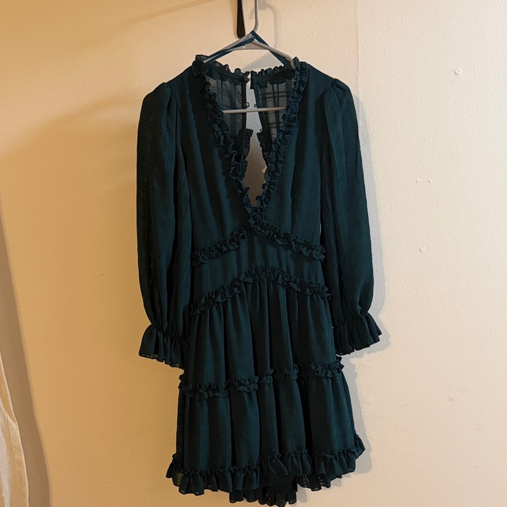Ruffle-Trim V-Neck Mini Dress in Dark Green